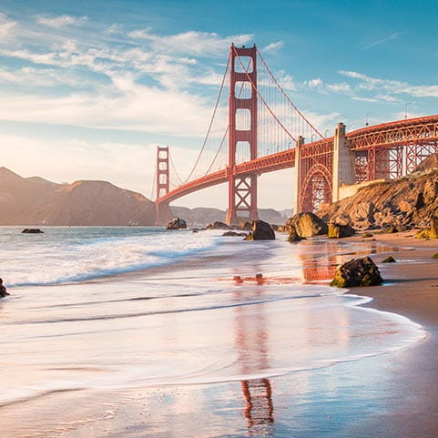 Beach view of the Golden Gate Bridge in San Francisco