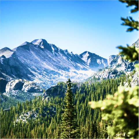A scenic mountain range with lush trees and majestic peaks in the background.