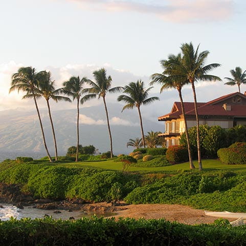 A beachfront house with palm trees and a distant mountain, surrounded by lush greenery.