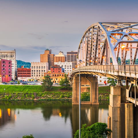 A bridge over a river with a city skyline in the background.