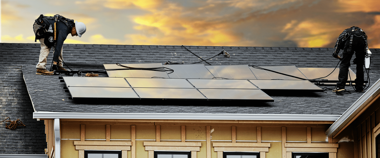 Solar professionals installing solar panels on a roof