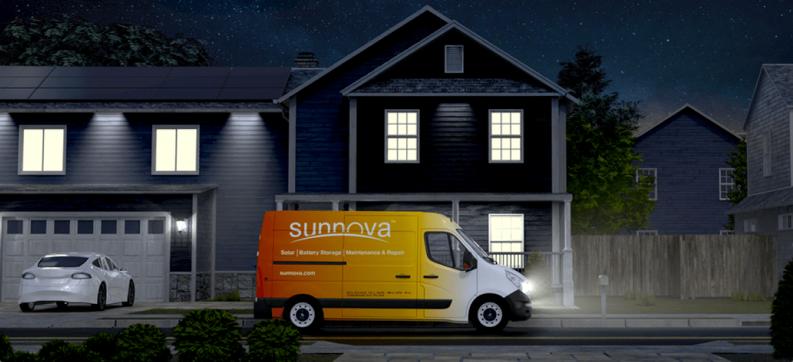 A Sunnova solar customer with with a service van parked out front